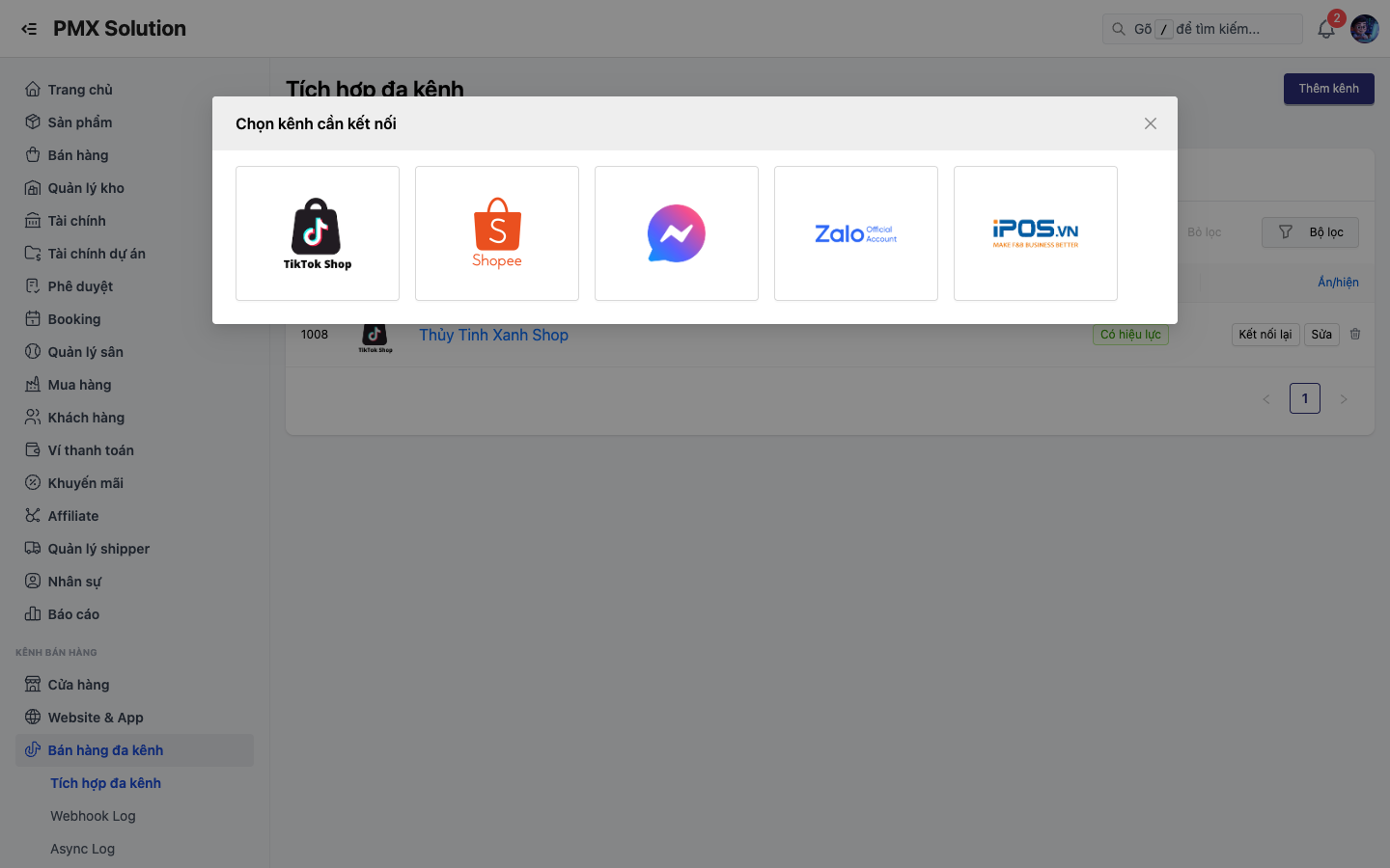 Chọn kênh Shopee trong popup Thêm kênh